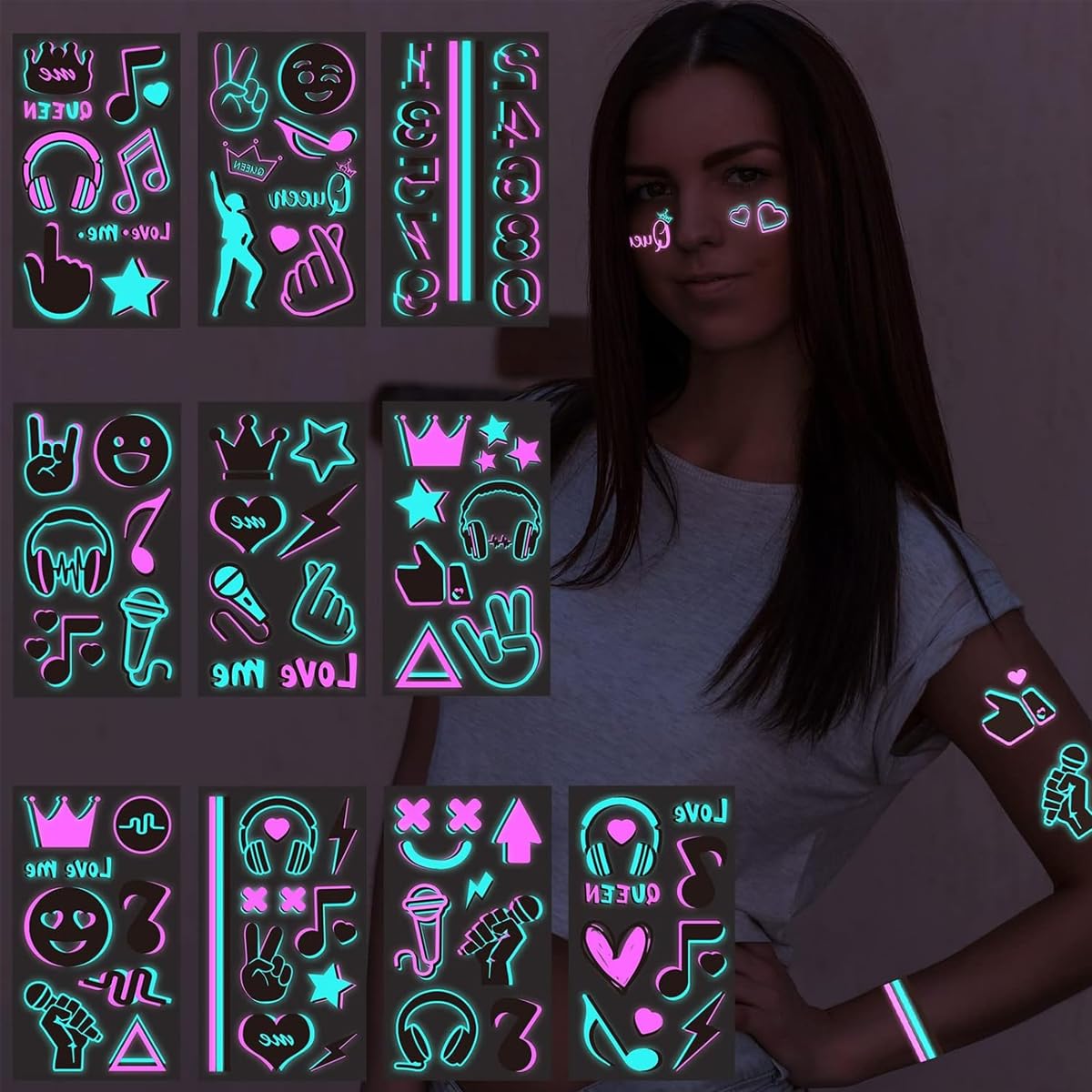 MAYCREATE 10 Sheets Temporary Tattoo Sticker for Men and Women Glow In The Dark Tattoos Waterproof Easy to Use Neon Temporary Tattoo Makeup Supplies Tattoos Sticker for Festival, Party, Club MAYCREATE 10 Sheets Temporary Tattoo Sticker for Men and Women Glow In The Dark Tattoos Waterproof Easy to Use Neon Temporary Tattoo Makeup Supplies Tattoos Sticker for Festival, Party, Club